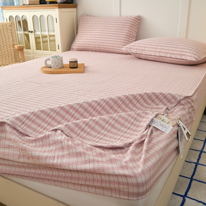 91家纺网 家纺一手货源 找家纺 佳笠家居 2025新款全棉纯棉水洗棉小格子加婴儿绒床笠单床笠单品床笠单件床笠 暖绒-柠檬粉
