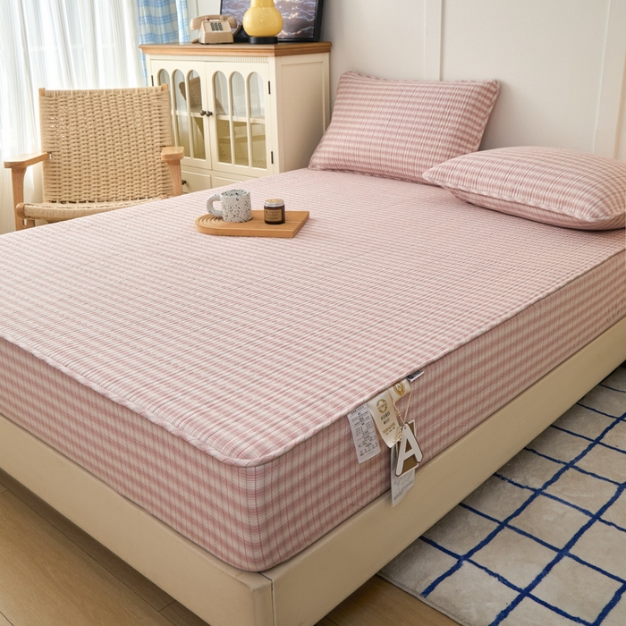 91家纺网 家纺一手货源 找家纺 佳笠家居 2025新款全棉纯棉水洗棉小格子加婴儿绒床笠单床笠单品床笠单件床笠 暖绒-柠檬粉