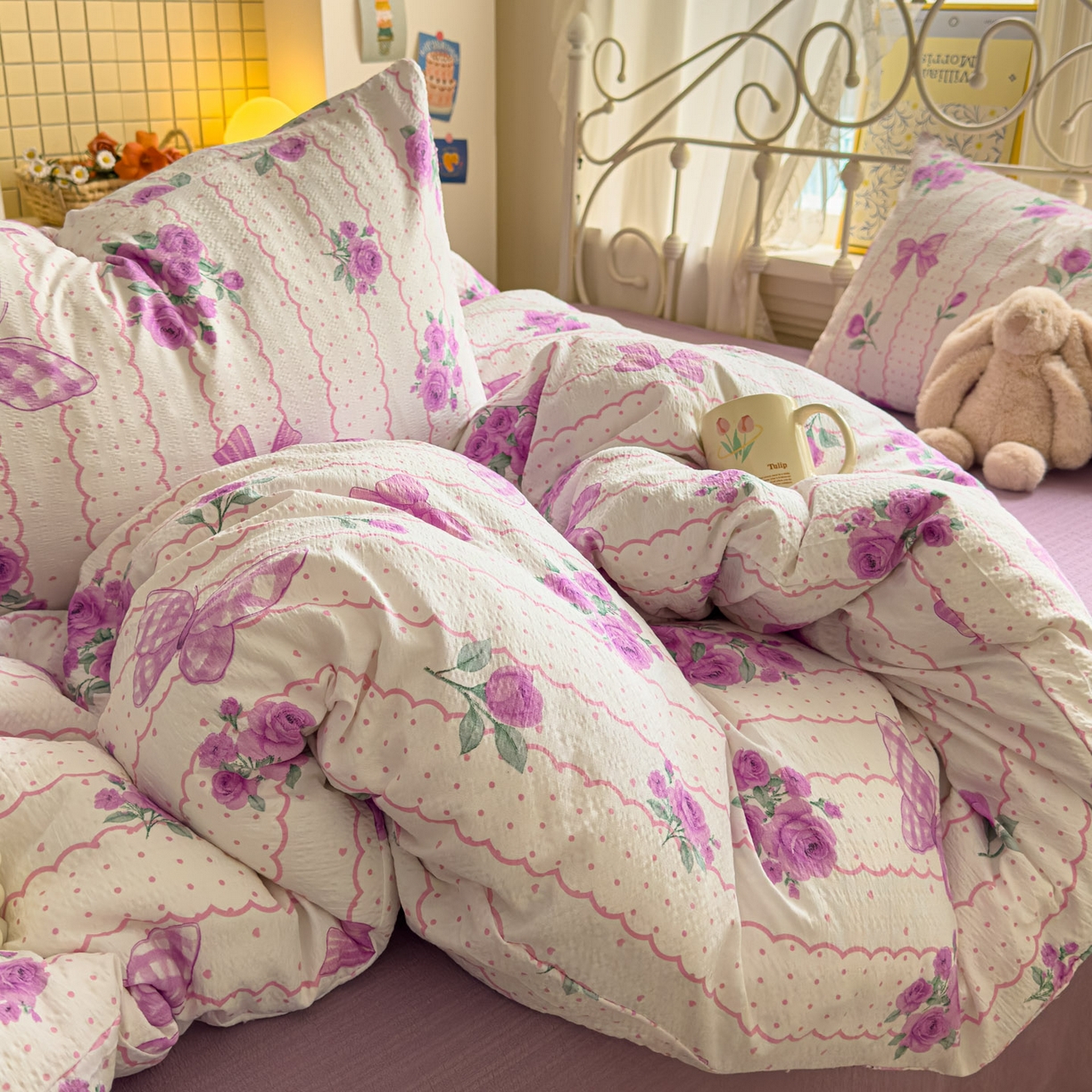 91家纺网 家纺一手货源 找家纺 卡斯诺家纺馆 2025新款A类皱皱棉双层纱印花四件套 流苏