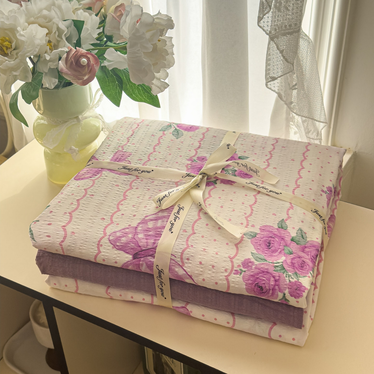 91家纺网 家纺一手货源 找家纺 卡斯诺家纺馆 2025新款A类皱皱棉双层纱印花四件套 流苏