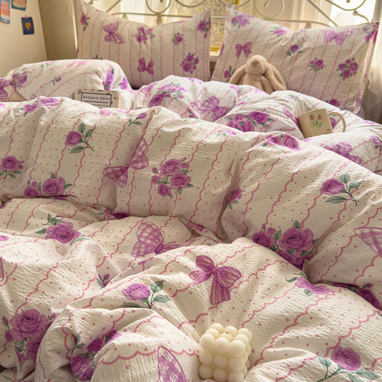 91家纺网 家纺一手货源 找家纺 卡斯诺家纺馆 2025新款A类皱皱棉双层纱印花四件套 流苏