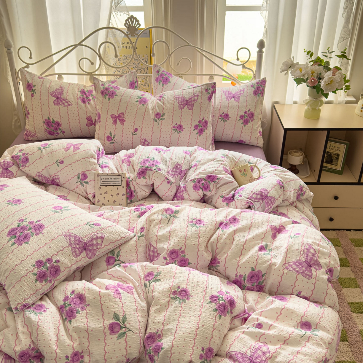 91家纺网 家纺一手货源 找家纺 卡斯诺家纺馆 2025新款A类皱皱棉双层纱印花四件套 流苏