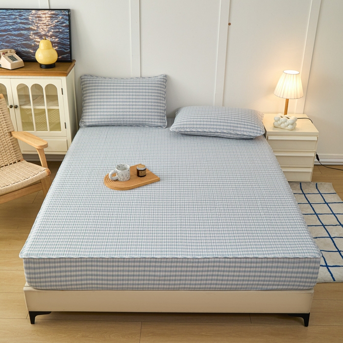 91家纺网 家纺一手货源 找家纺 佳笠家居 2025新款全棉纯棉水洗棉小格子加婴儿绒床笠单床笠单品床笠单件床笠 暖绒-柠檬蓝