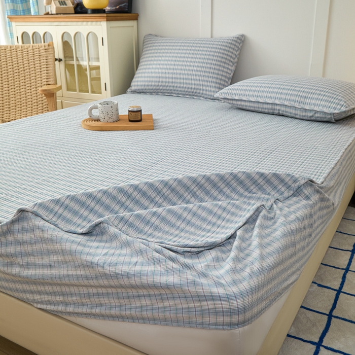 91家纺网 家纺一手货源 找家纺 佳笠家居 2025新款全棉纯棉水洗棉小格子加婴儿绒床笠单床笠单品床笠单件床笠 暖绒-柠檬蓝