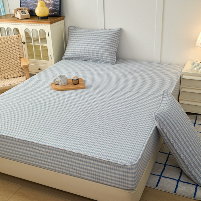 91家纺网 家纺一手货源 找家纺 佳笠家居 2025新款全棉纯棉水洗棉小格子加婴儿绒床笠单床笠单品床笠单件床笠 暖绒-柠檬蓝