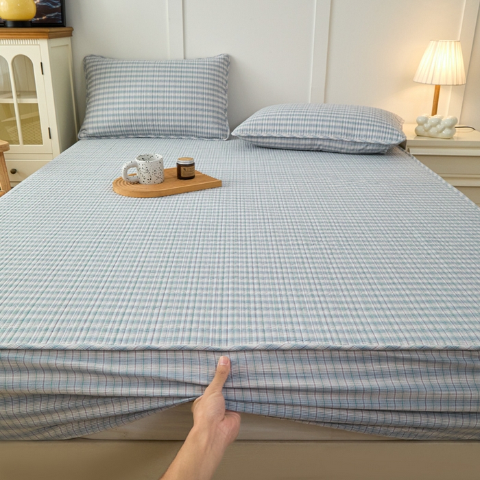 91家纺网 家纺一手货源 找家纺 佳笠家居 2025新款全棉纯棉水洗棉小格子加婴儿绒床笠单床笠单品床笠单件床笠 暖绒-柠檬蓝