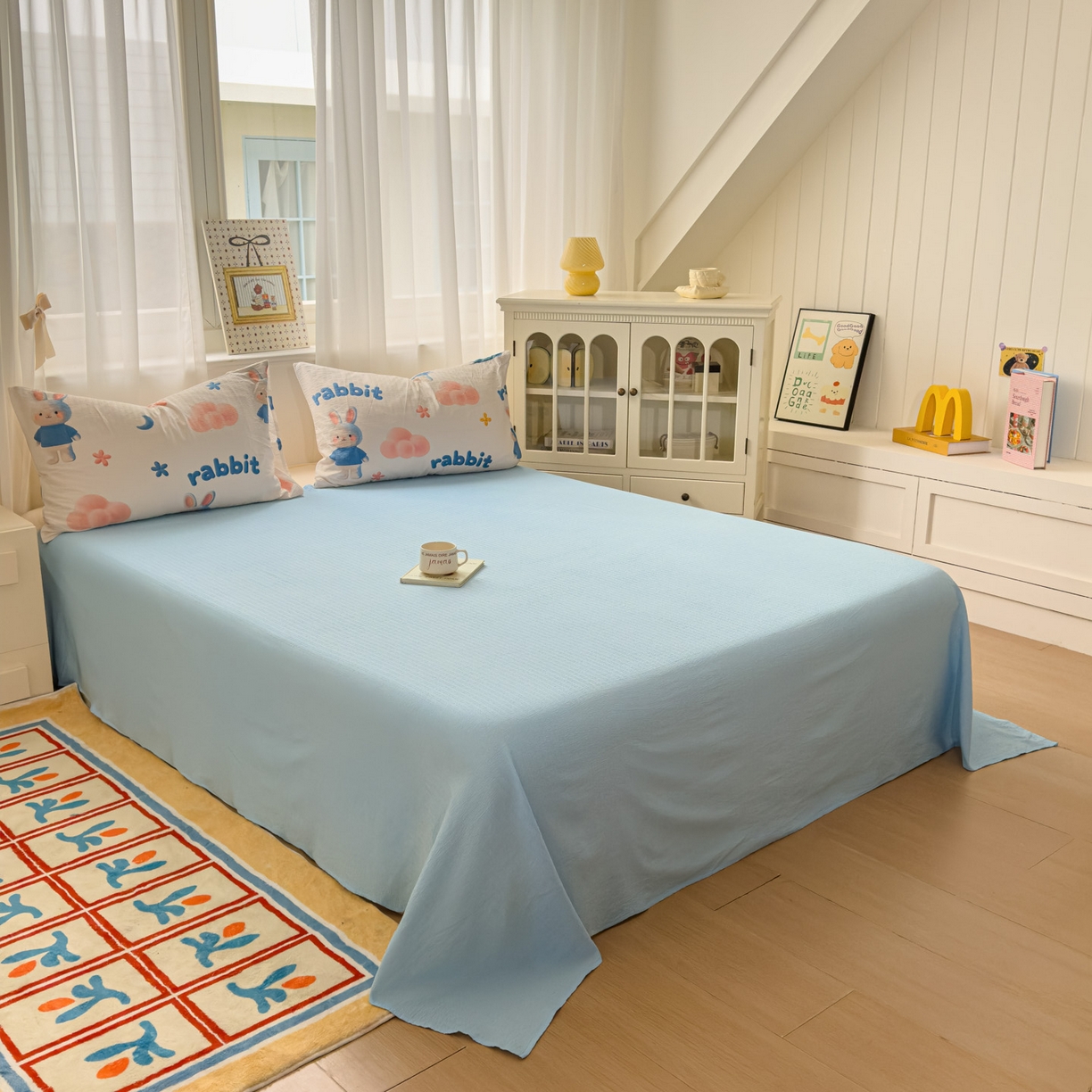 91家纺网 家纺一手货源 找家纺 卡斯诺家纺馆 2025新款A类皱皱棉双层纱印花四件套 梦幻小兔