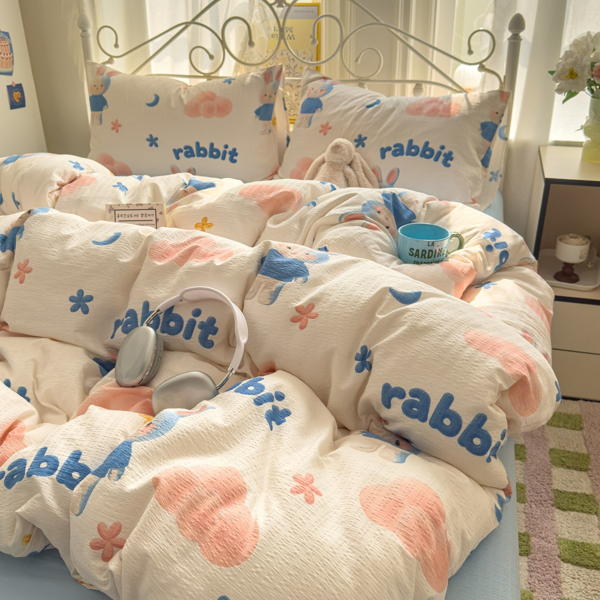 91家纺网 家纺一手货源 找家纺 卡斯诺家纺馆 2025新款A类皱皱棉双层纱印花四件套 梦幻小兔