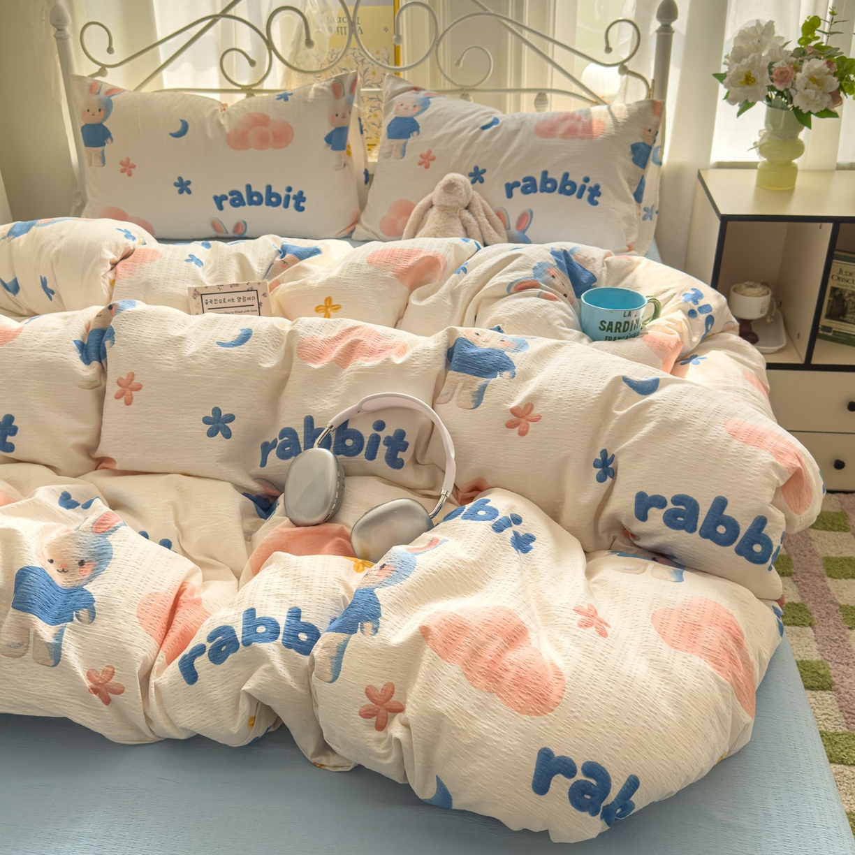 91家纺网 家纺一手货源 找家纺 卡斯诺家纺馆 2025新款A类皱皱棉双层纱印花四件套 梦幻小兔