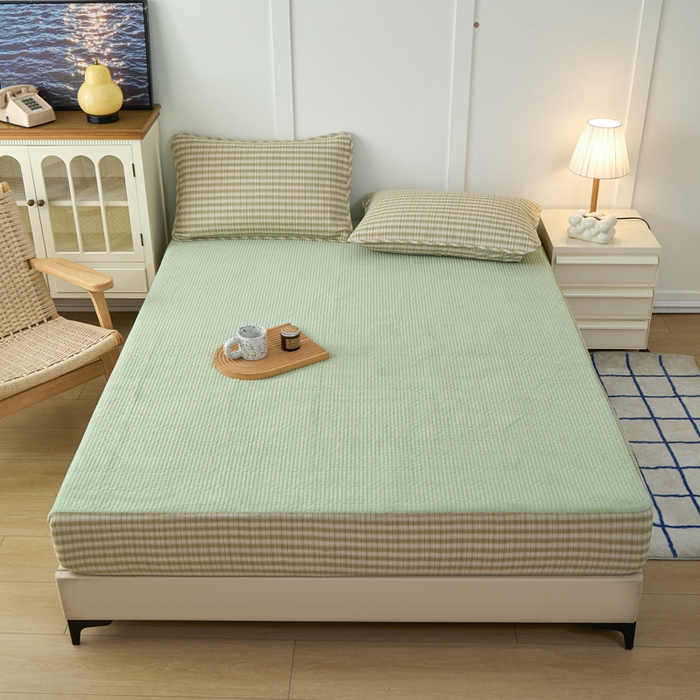 91家纺网 家纺一手货源 找家纺 佳笠家居 2025新款全棉纯棉水洗棉小格子加婴儿绒床笠单床笠单品床笠单件床笠 暖绒-柠檬绿