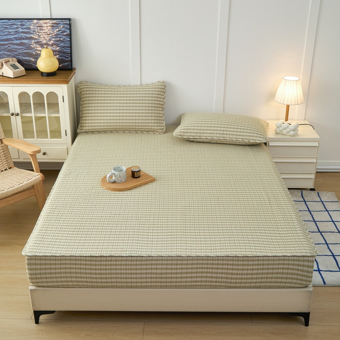 91家纺网 家纺一手货源 找家纺 佳笠家居 2025新款全棉纯棉水洗棉小格子加婴儿绒床笠单床笠单品床笠单件床笠 暖绒-柠檬绿