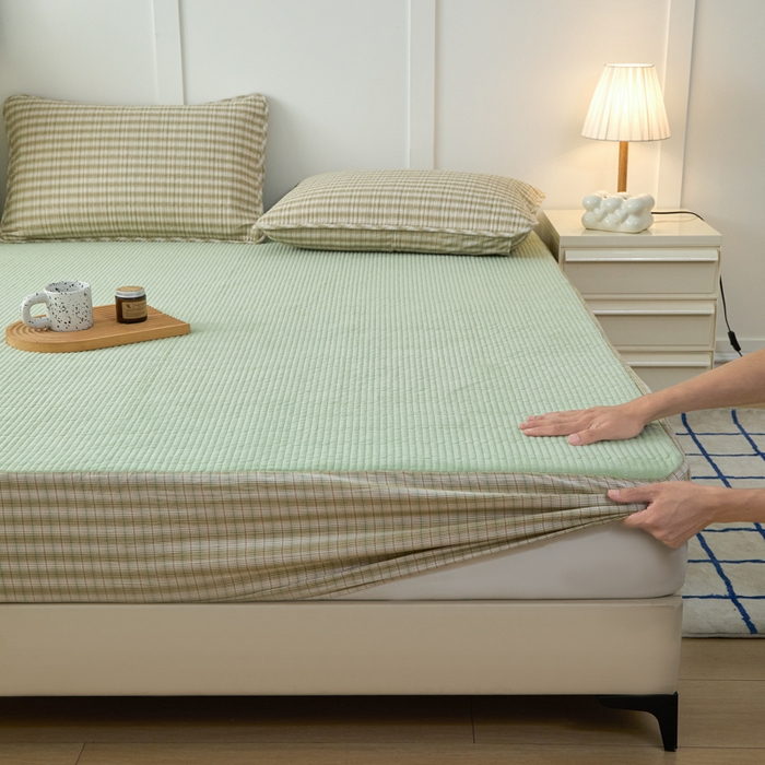 91家纺网 家纺一手货源 找家纺 佳笠家居 2025新款全棉纯棉水洗棉小格子加婴儿绒床笠单床笠单品床笠单件床笠 暖绒-柠檬绿