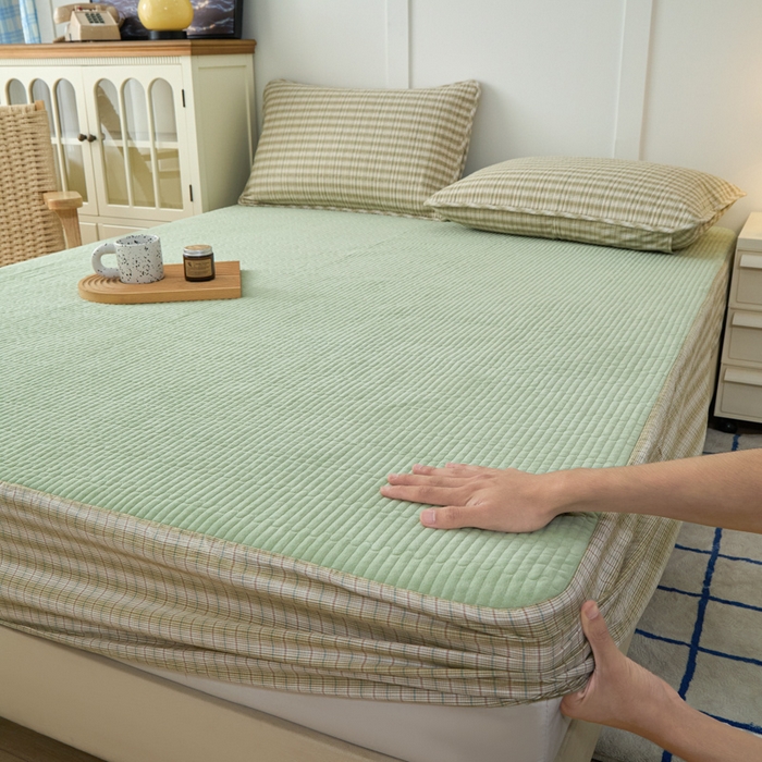 91家纺网 家纺一手货源 找家纺 佳笠家居 2025新款全棉纯棉水洗棉小格子加婴儿绒床笠单床笠单品床笠单件床笠 暖绒-柠檬绿