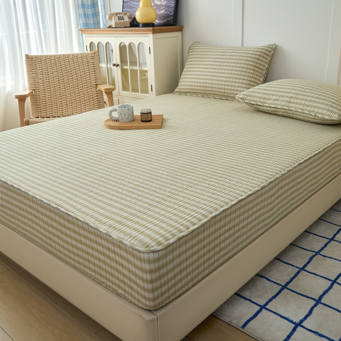 91家纺网 家纺一手货源 找家纺 佳笠家居 2025新款全棉纯棉水洗棉小格子加婴儿绒床笠单床笠单品床笠单件床笠 暖绒-柠檬绿