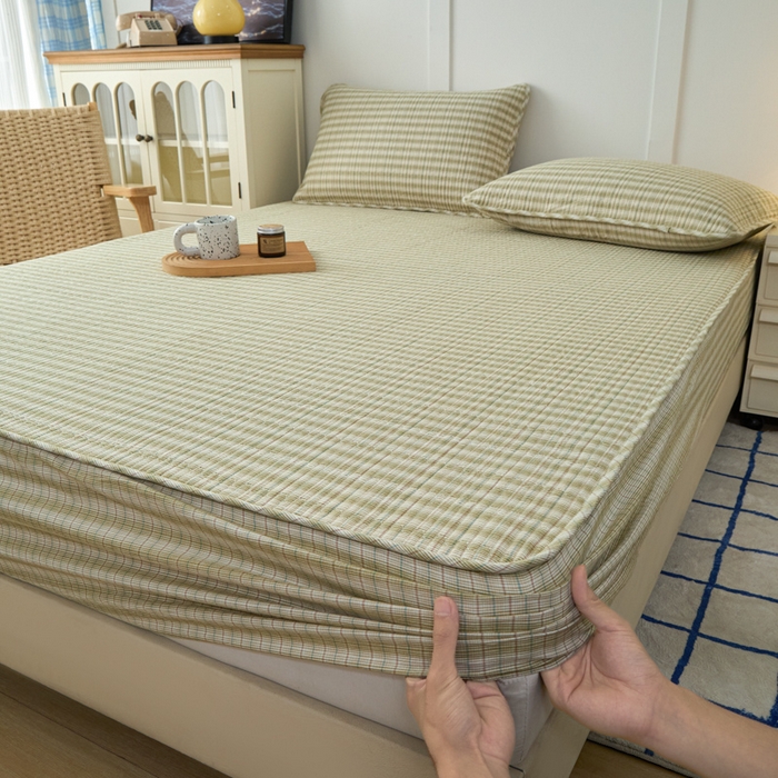 91家纺网 家纺一手货源 找家纺 佳笠家居 2025新款全棉纯棉水洗棉小格子加婴儿绒床笠单床笠单品床笠单件床笠 暖绒-柠檬绿