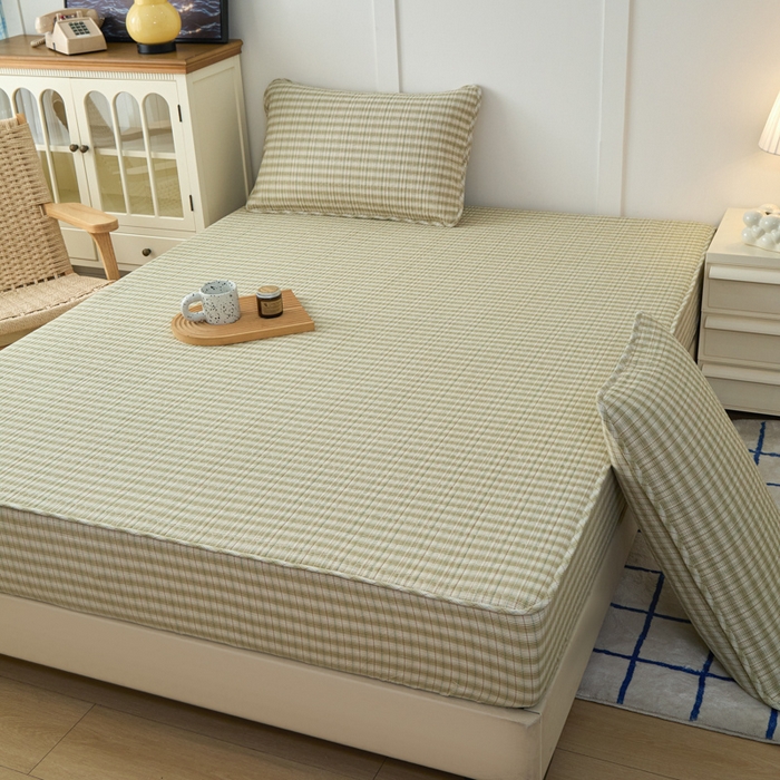 91家纺网 家纺一手货源 找家纺 佳笠家居 2025新款全棉纯棉水洗棉小格子加婴儿绒床笠单床笠单品床笠单件床笠 暖绒-柠檬绿