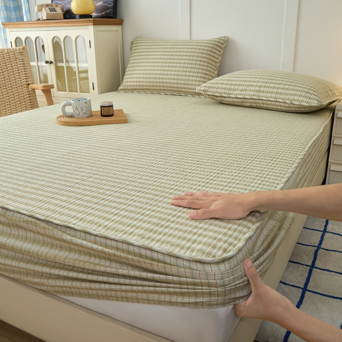 91家纺网 家纺一手货源 找家纺 佳笠家居 2025新款全棉纯棉水洗棉小格子加婴儿绒床笠单床笠单品床笠单件床笠 暖绒-柠檬绿