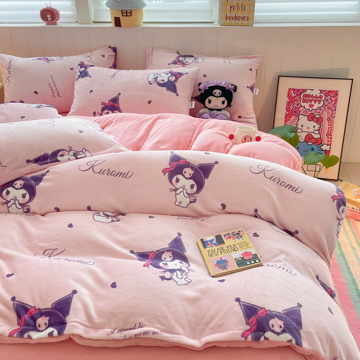 91家纺网 家纺一手货源 找家纺 金爱家 2025新款A类正版三丽鸥授权卡通加厚高克重牛奶绒系列四件套 绒三丽鸥-可爱库洛米