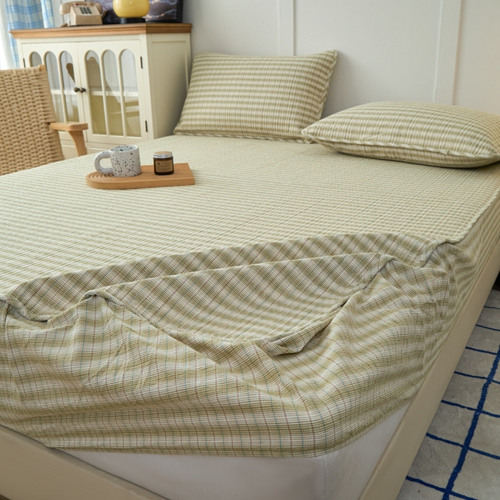 91家纺网 家纺一手货源 找家纺 佳笠家居 2025新款全棉纯棉水洗棉小格子加婴儿绒床笠单床笠单品床笠单件床笠 暖绒-柠檬绿