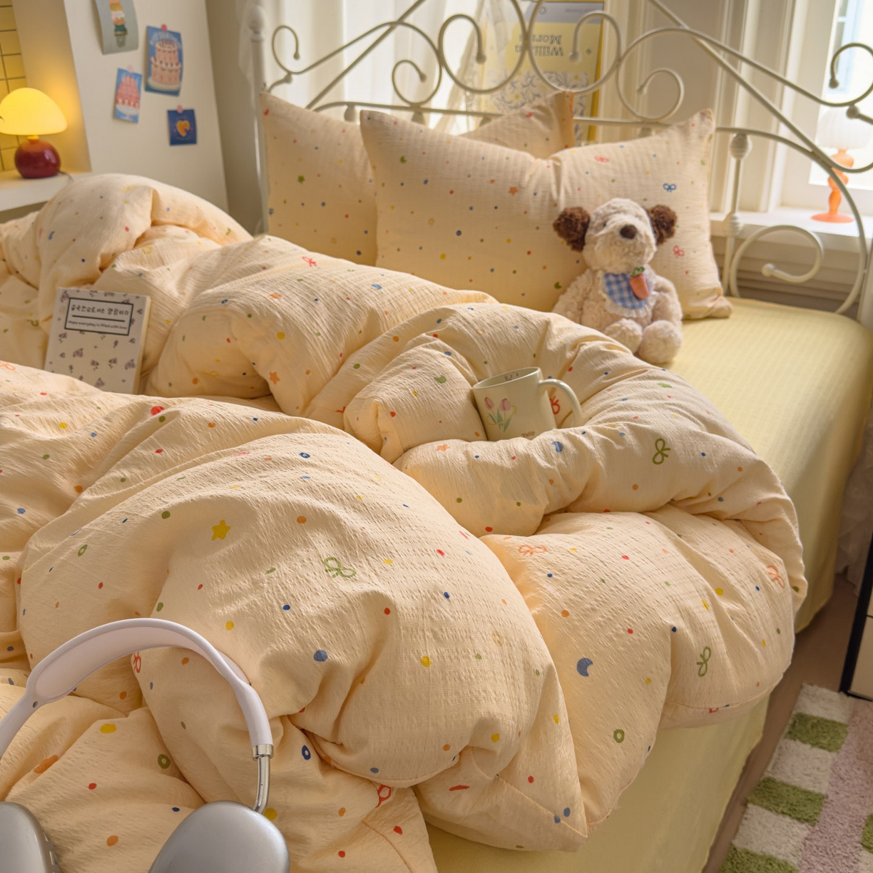 卡斯诺家纺馆 2025新款A类皱皱棉双层纱印花四件套 奶酪芝士