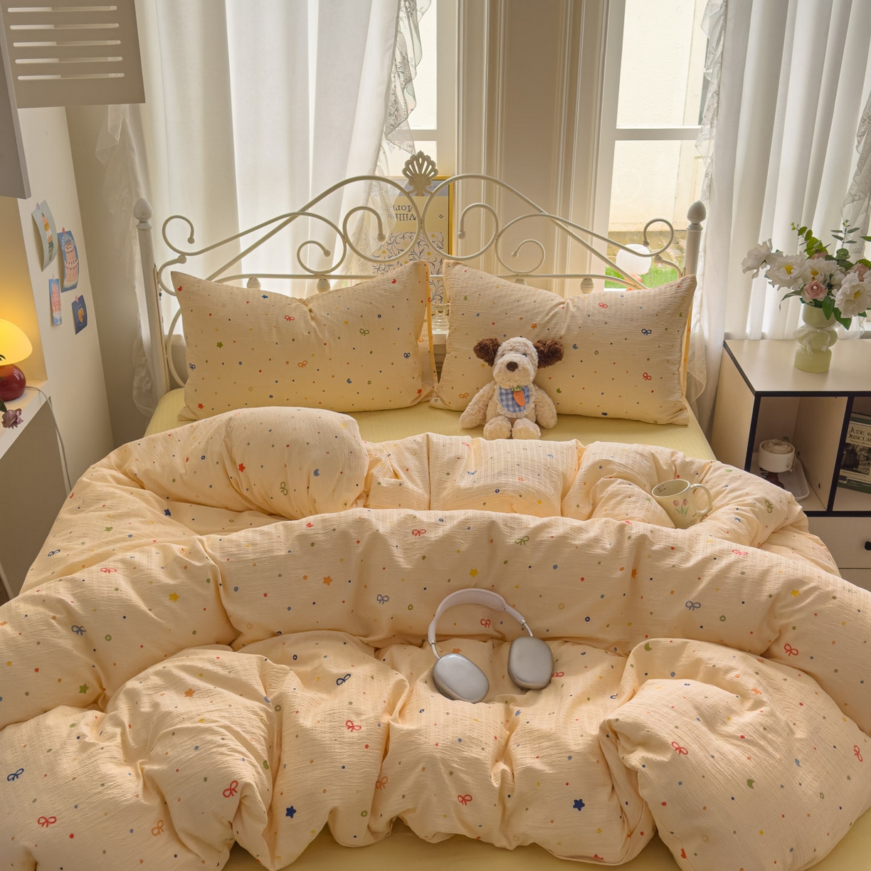 91家纺网 家纺一手货源 找家纺 卡斯诺家纺馆 2025新款A类皱皱棉双层纱印花四件套 奶酪芝士