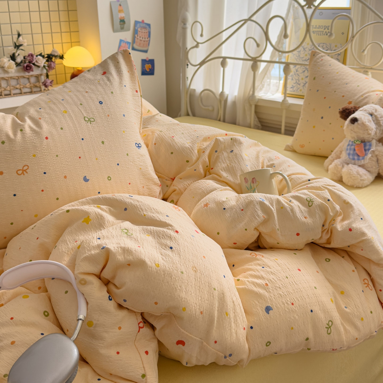 91家纺网 家纺一手货源 找家纺 卡斯诺家纺馆 2025新款A类皱皱棉双层纱印花四件套 奶酪芝士