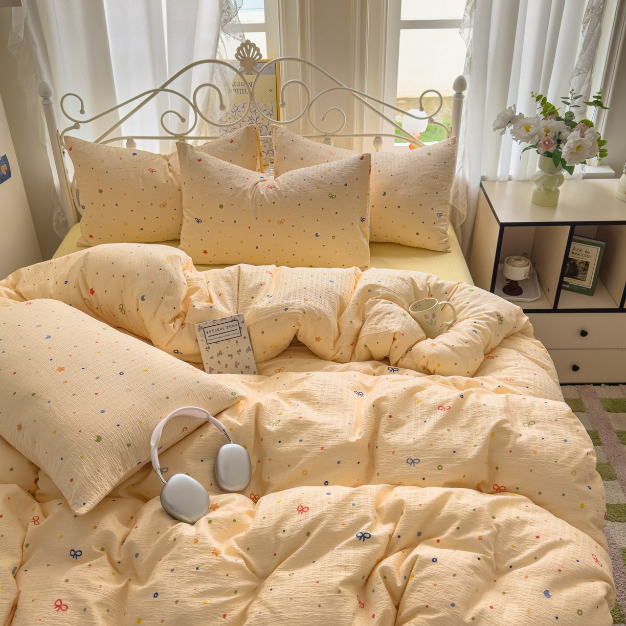 91家纺网 家纺一手货源 找家纺 卡斯诺家纺馆 2025新款A类皱皱棉双层纱印花四件套 奶酪芝士