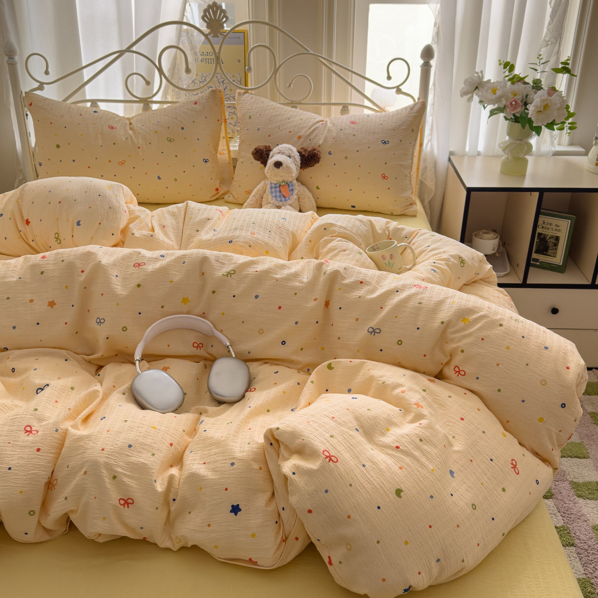 91家纺网 家纺一手货源 找家纺 卡斯诺家纺馆 2025新款A类皱皱棉双层纱印花四件套 奶酪芝士