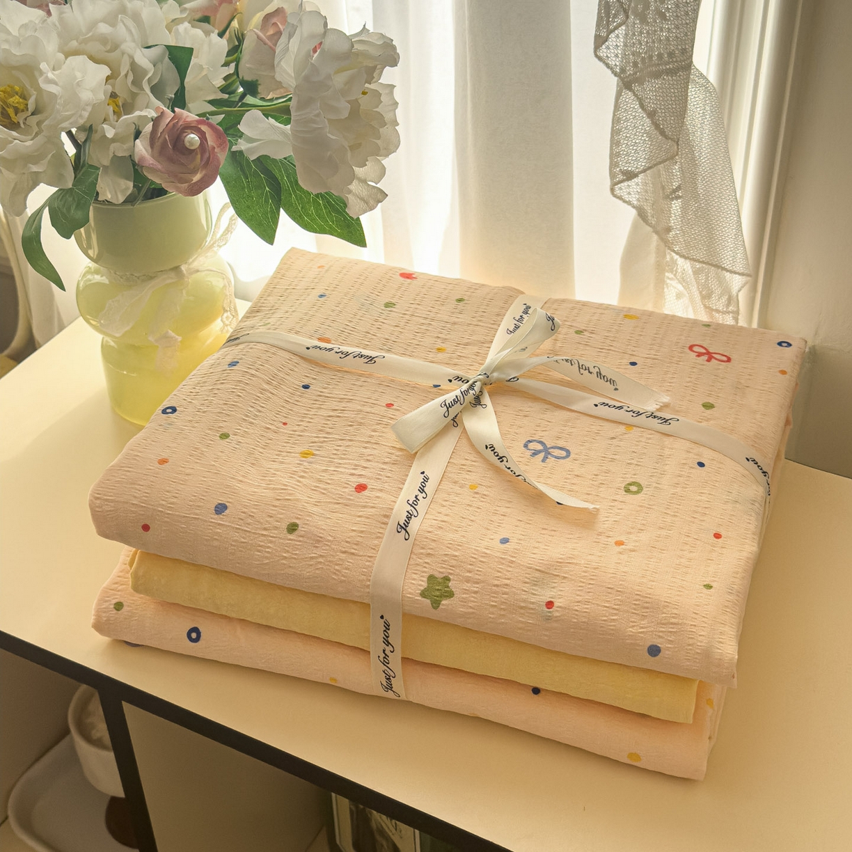 91家纺网 家纺一手货源 找家纺 卡斯诺家纺馆 2025新款A类皱皱棉双层纱印花四件套 奶酪芝士