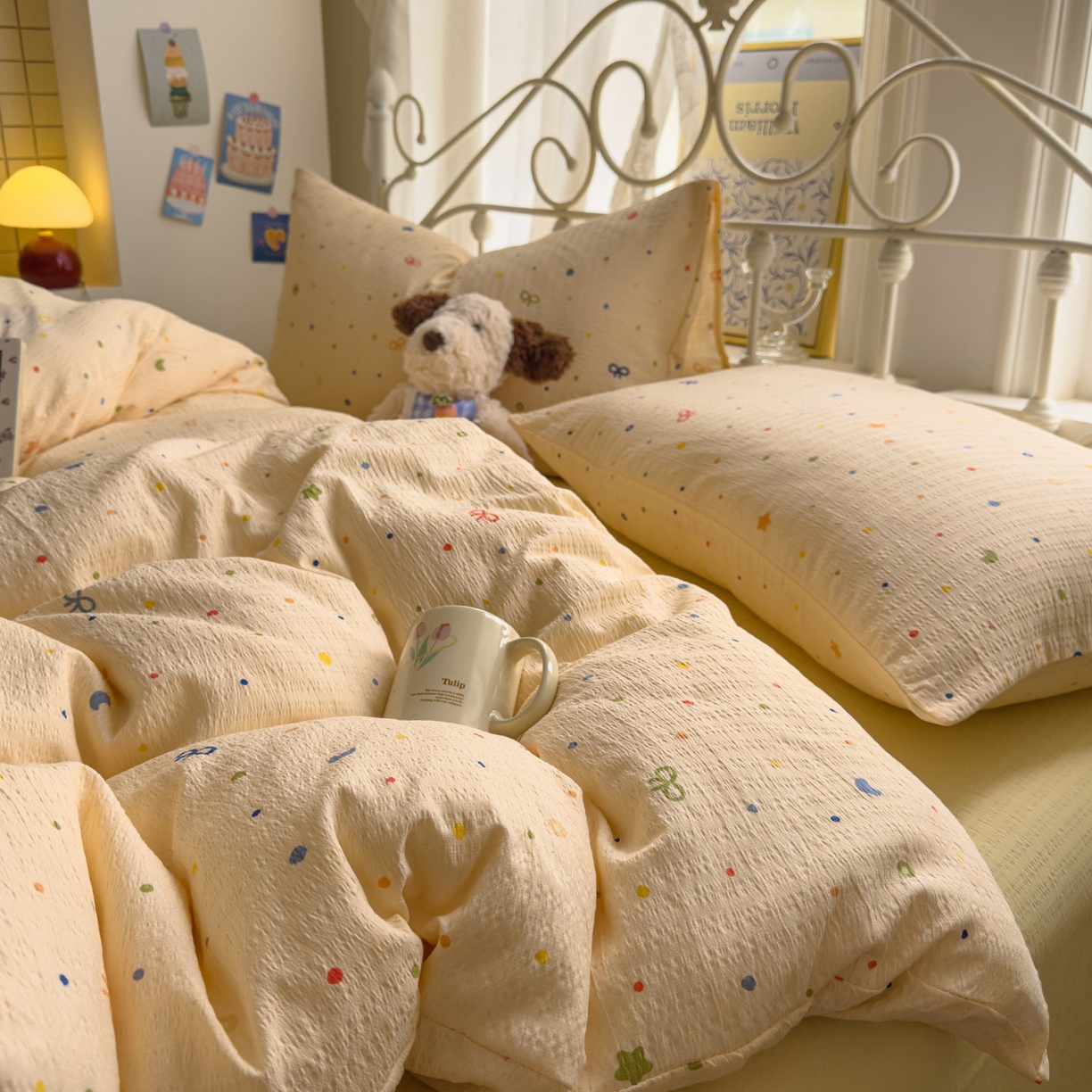 91家纺网 家纺一手货源 找家纺 卡斯诺家纺馆 2025新款A类皱皱棉双层纱印花四件套 奶酪芝士