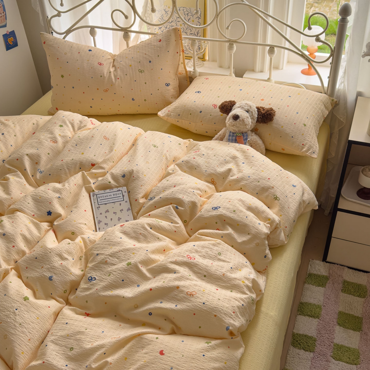 91家纺网 家纺一手货源 找家纺 卡斯诺家纺馆 2025新款A类皱皱棉双层纱印花四件套 奶酪芝士