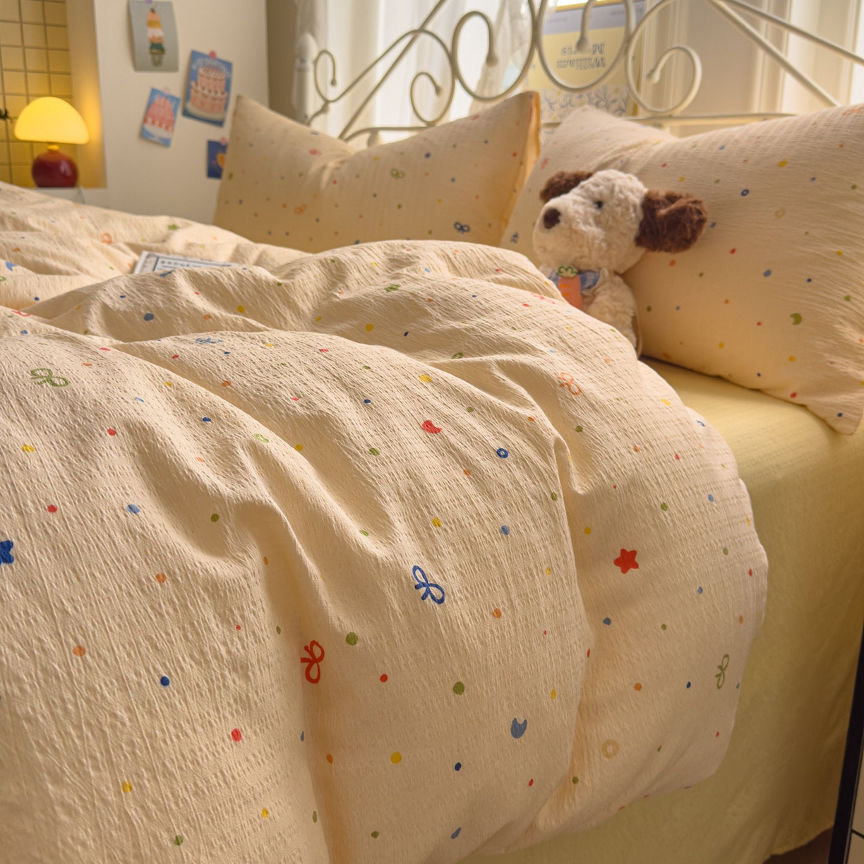 91家纺网 家纺一手货源 找家纺 卡斯诺家纺馆 2025新款A类皱皱棉双层纱印花四件套 奶酪芝士