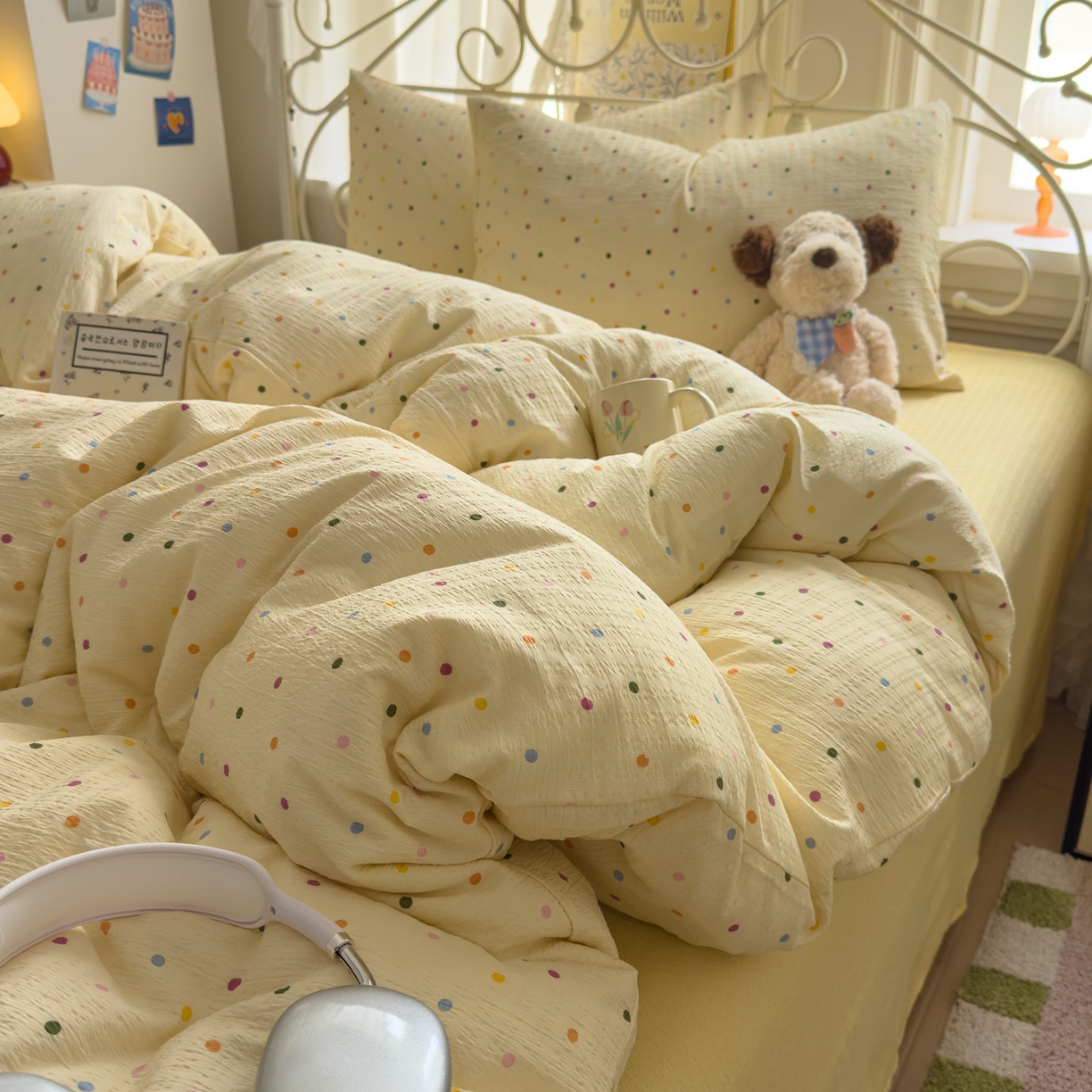 卡斯诺家纺馆 2025新款A类皱皱棉双层纱印花四件套 奶油波点