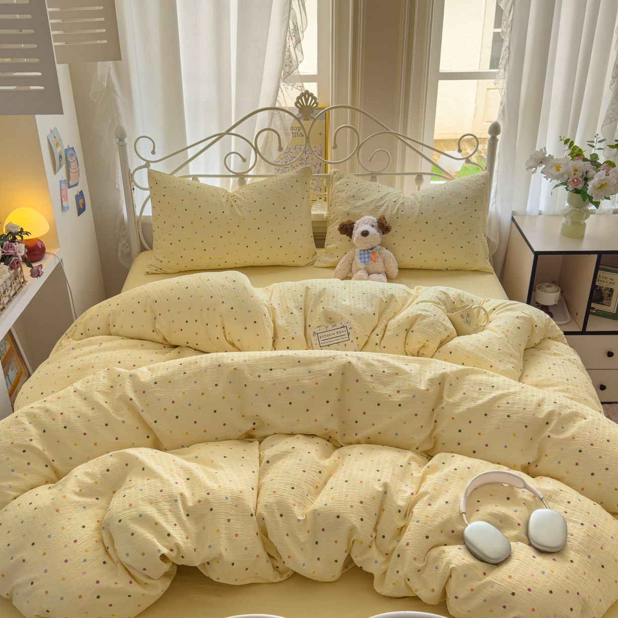 91家纺网 家纺一手货源 找家纺 卡斯诺家纺馆 2025新款A类皱皱棉双层纱印花四件套 奶油波点