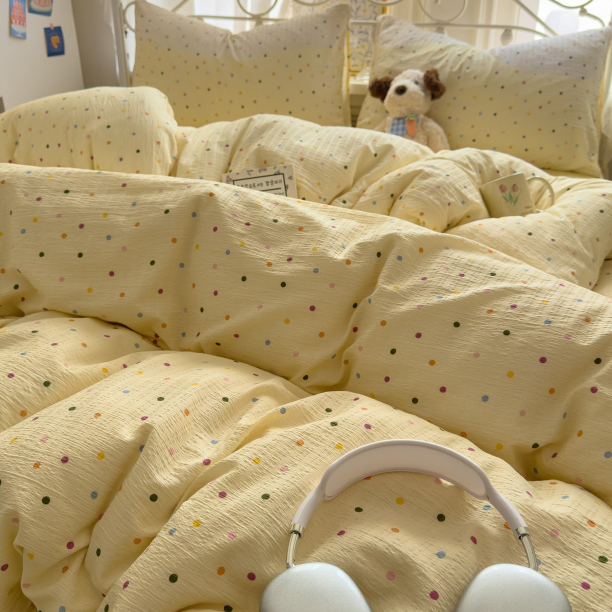 91家纺网 家纺一手货源 找家纺 卡斯诺家纺馆 2025新款A类皱皱棉双层纱印花四件套 奶油波点