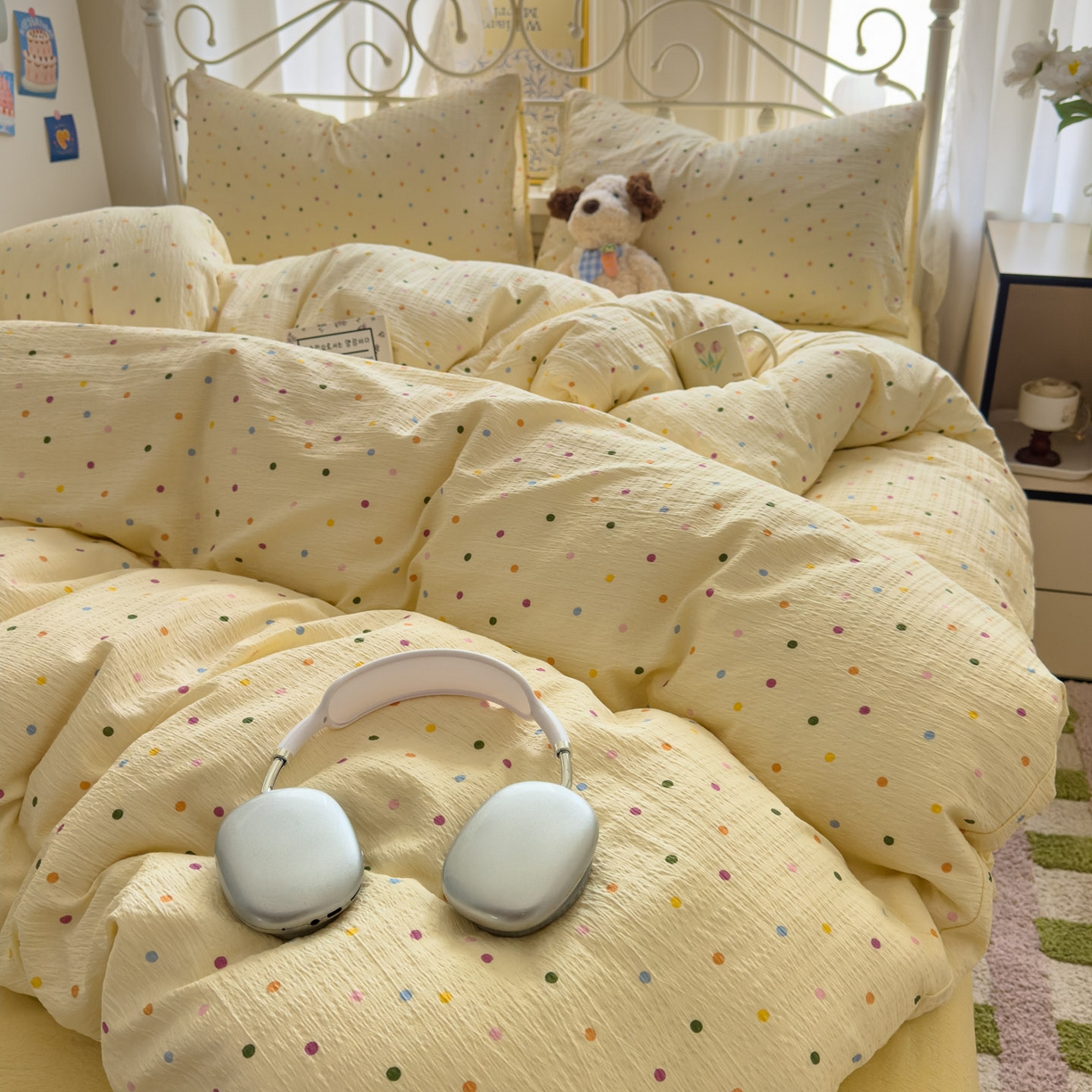 91家纺网 家纺一手货源 找家纺 卡斯诺家纺馆 2025新款A类皱皱棉双层纱印花四件套 奶油波点