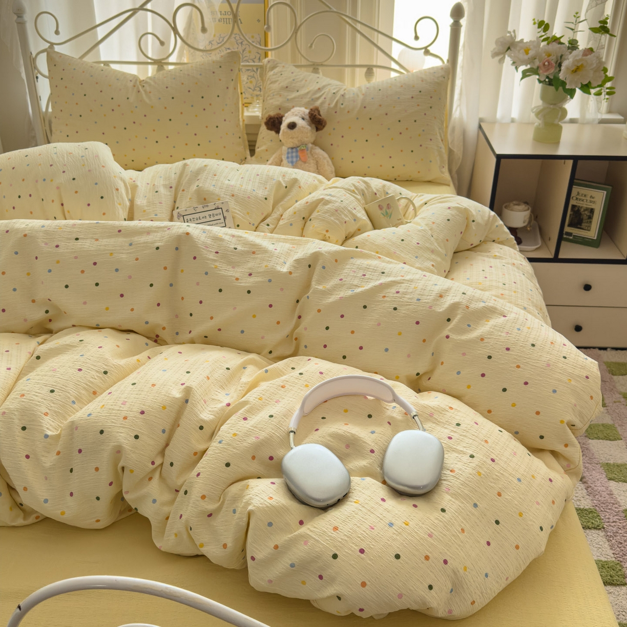 91家纺网 家纺一手货源 找家纺 卡斯诺家纺馆 2025新款A类皱皱棉双层纱印花四件套 奶油波点