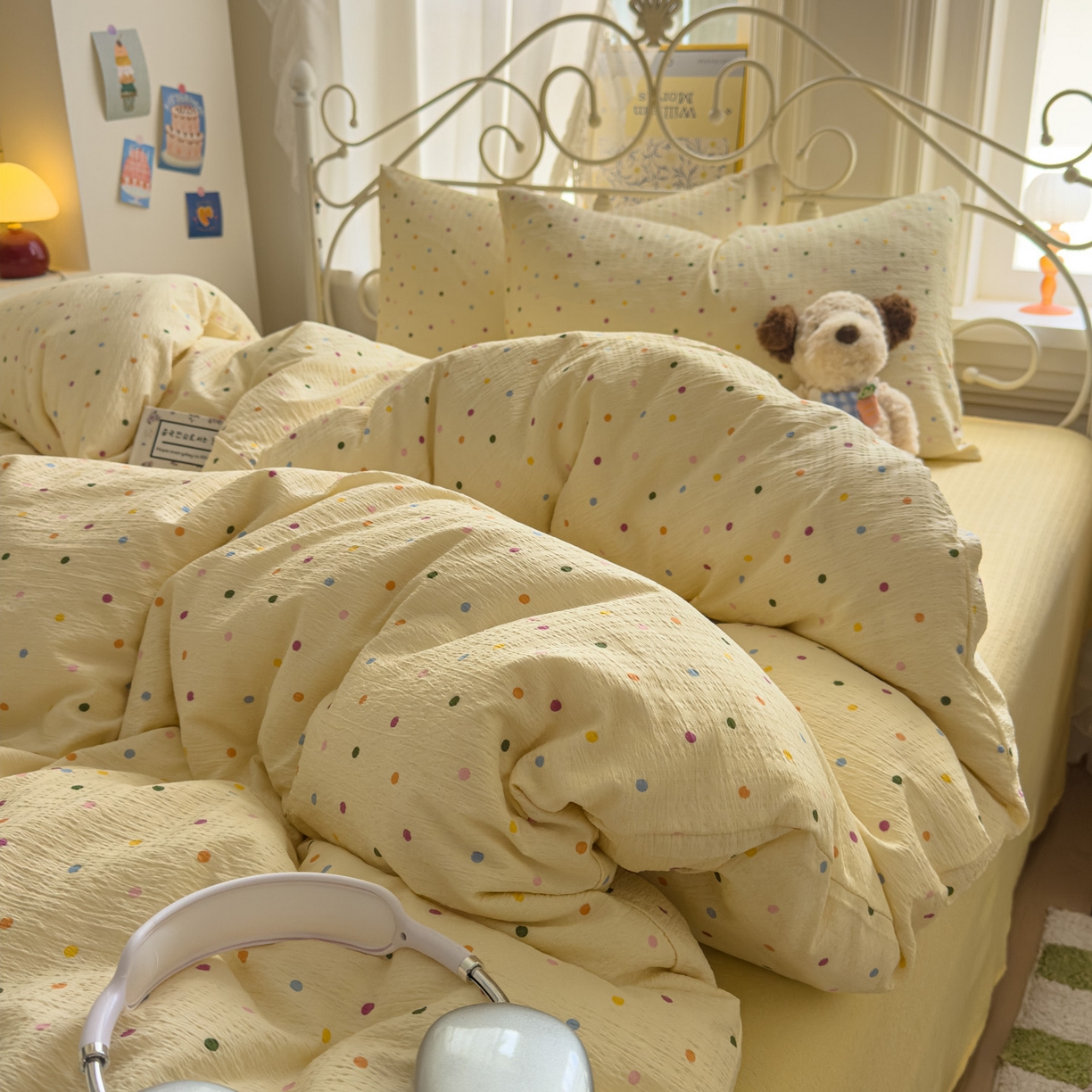 91家纺网 家纺一手货源 找家纺 卡斯诺家纺馆 2025新款A类皱皱棉双层纱印花四件套 奶油波点