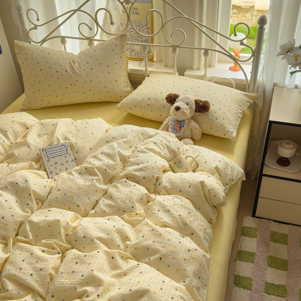 91家纺网 家纺一手货源 找家纺 卡斯诺家纺馆 2025新款A类皱皱棉双层纱印花四件套 奶油波点