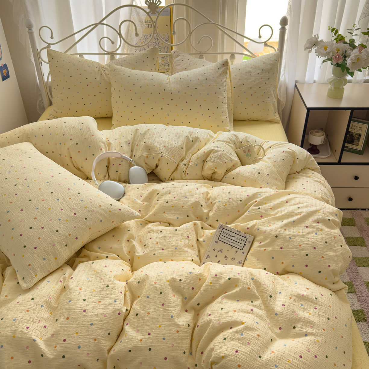 91家纺网 家纺一手货源 找家纺 卡斯诺家纺馆 2025新款A类皱皱棉双层纱印花四件套 奶油波点