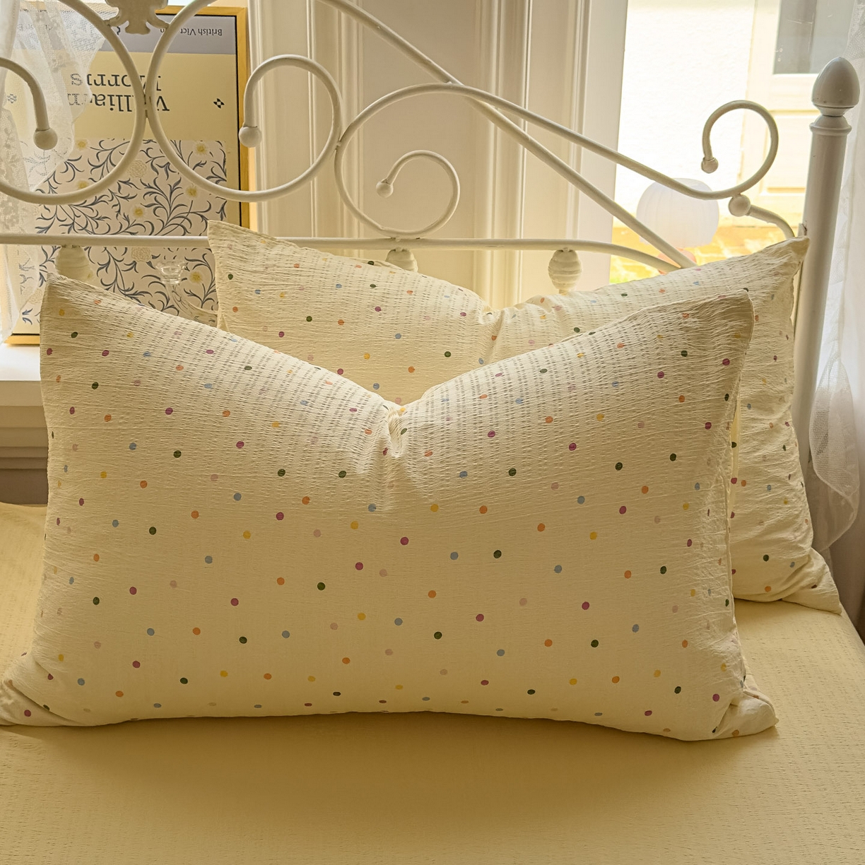 91家纺网 家纺一手货源 找家纺 卡斯诺家纺馆 2025新款A类皱皱棉双层纱印花四件套 奶油波点