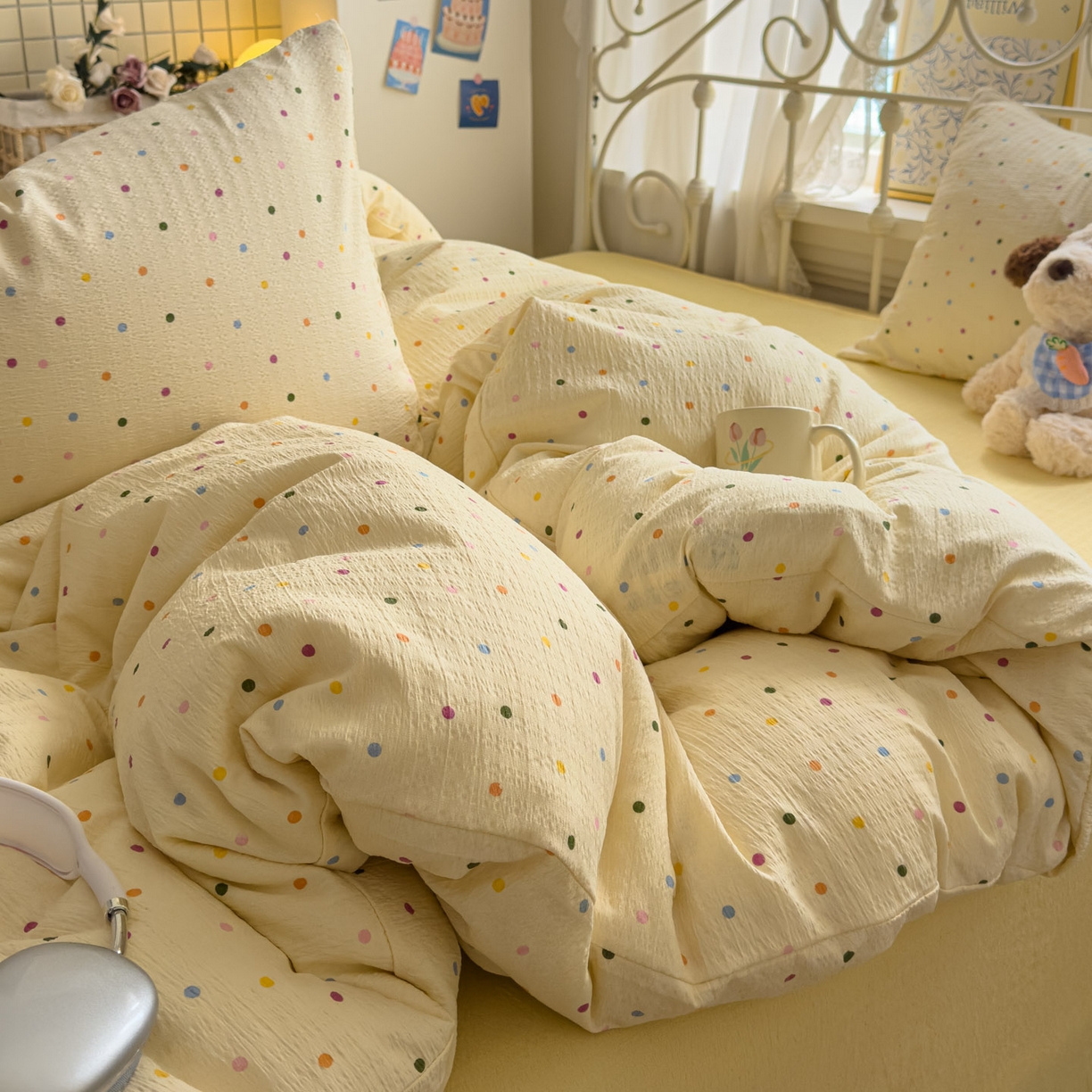 91家纺网 家纺一手货源 找家纺 卡斯诺家纺馆 2025新款A类皱皱棉双层纱印花四件套 奶油波点