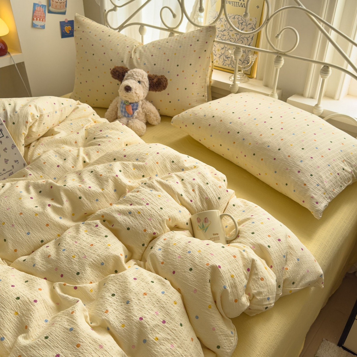 91家纺网 家纺一手货源 找家纺 卡斯诺家纺馆 2025新款A类皱皱棉双层纱印花四件套 奶油波点