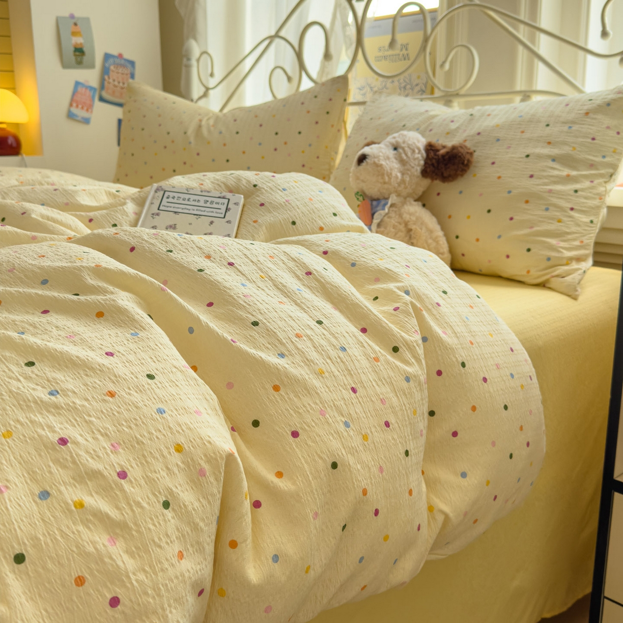 91家纺网 家纺一手货源 找家纺 卡斯诺家纺馆 2025新款A类皱皱棉双层纱印花四件套 奶油波点