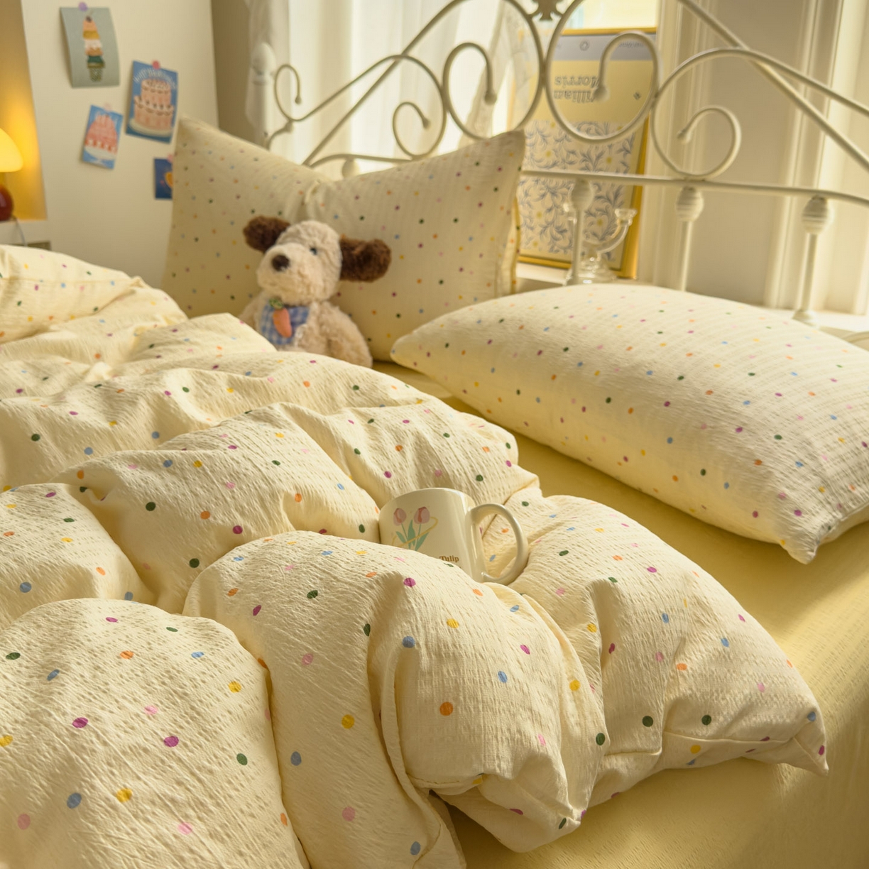 91家纺网 家纺一手货源 找家纺 卡斯诺家纺馆 2025新款A类皱皱棉双层纱印花四件套 奶油波点