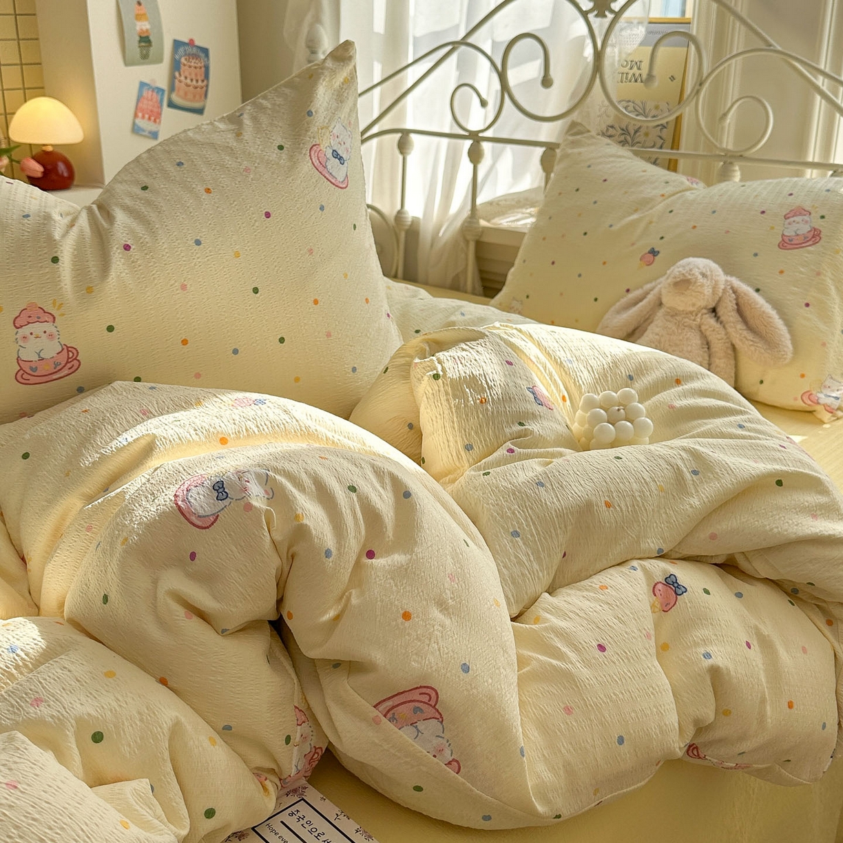 91家纺网 家纺一手货源 找家纺 卡斯诺家纺馆 2025新款A类皱皱棉双层纱印花四件套 奶油猫