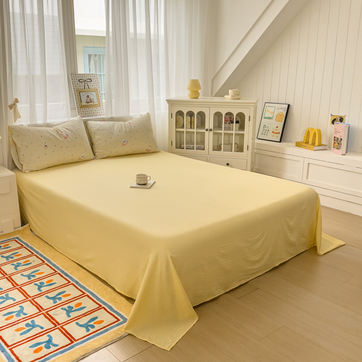 91家纺网 家纺一手货源 找家纺 卡斯诺家纺馆 2025新款A类皱皱棉双层纱印花四件套 奶油猫