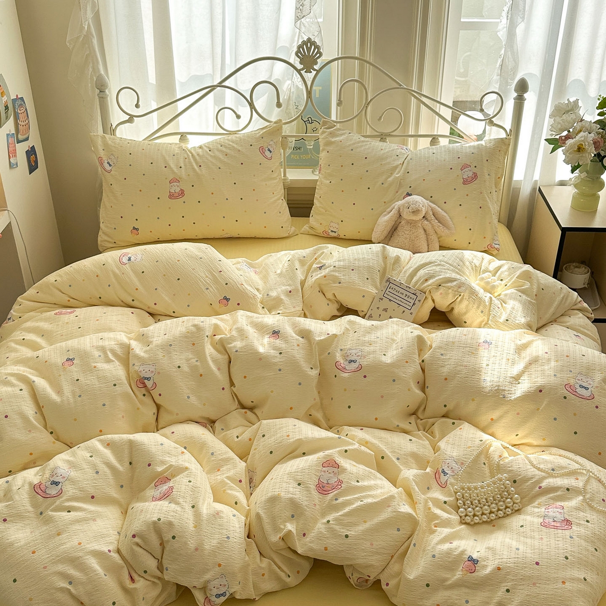 91家纺网 家纺一手货源 找家纺 卡斯诺家纺馆 2025新款A类皱皱棉双层纱印花四件套 奶油猫