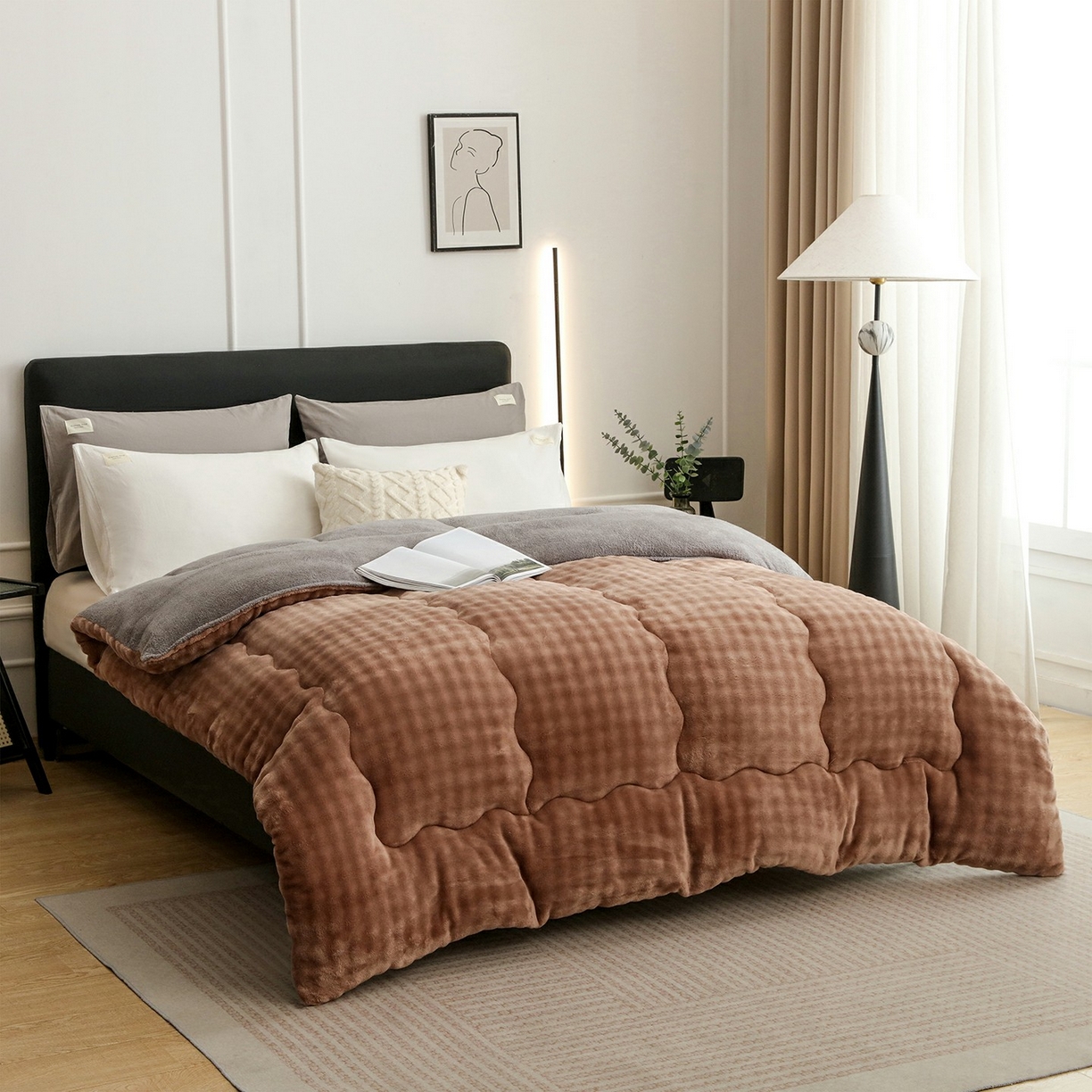 91家纺网 家纺一手货源 找家纺 爱微坊 2025新款兔毛牛奶绒加厚保暖冬被子被芯 加厚兔毛牛奶绒-棕拼灰