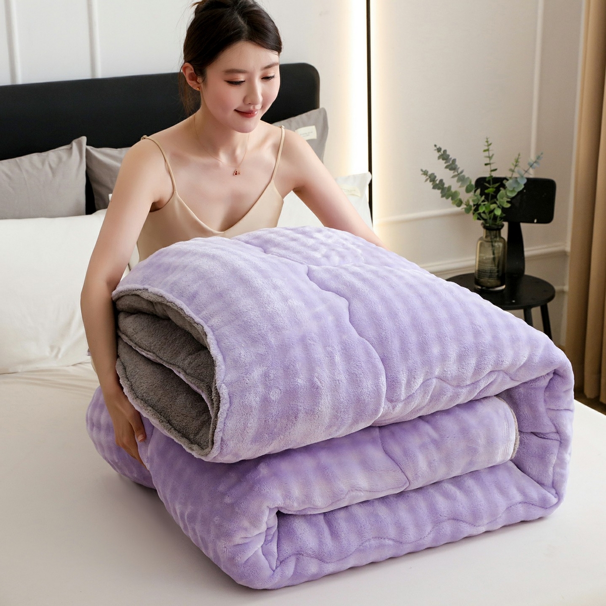 91家纺网 家纺一手货源 找家纺 爱微坊 2025新款兔毛牛奶绒加厚保暖冬被子被芯 加厚兔毛牛奶绒-紫拼灰